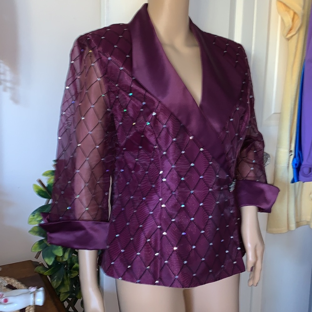 Vintage 80s sparkling sheer organza purple satin wrap blazer jacket M L - Picture 7 of 16